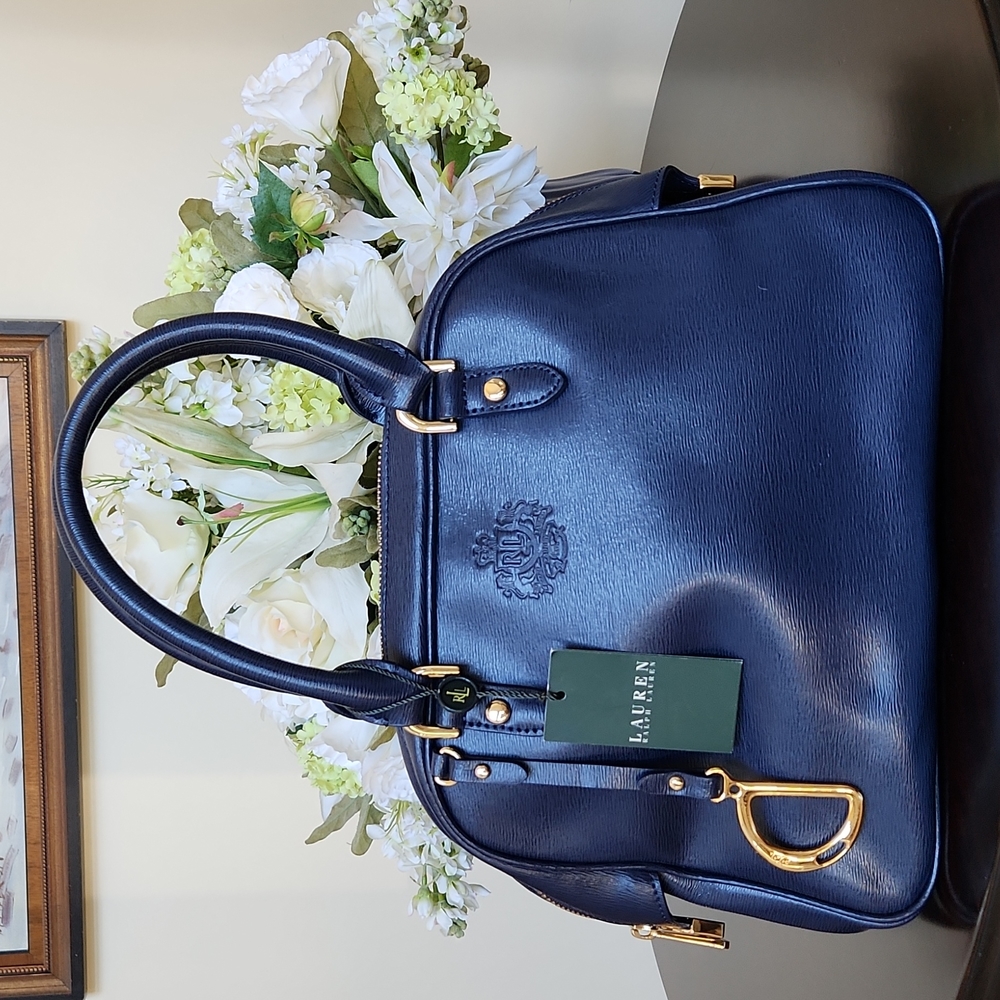 Ralph Lauren Navy Blue Leather Satchel with Gold Hardware